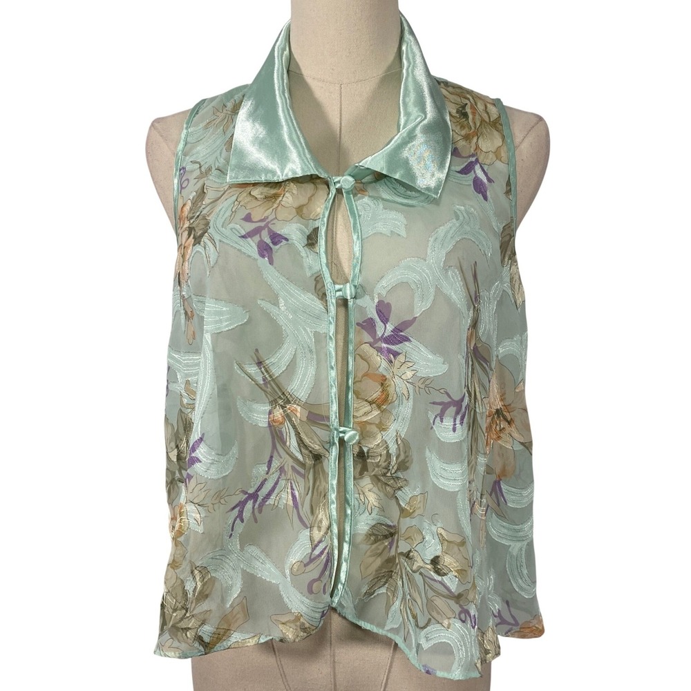 Vintage 90s California Dynasty M Green Sheer Floral Collared Lingerie Top
